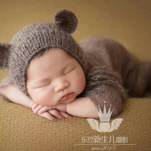 Knitted Brown Bear bonnet and Footed Romper Baby Boy or Girl Clothes Baby Newborn Romper Onesie Hooded Romper Outfit Props