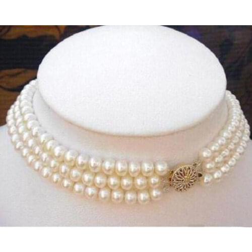 Fashion 3Rows 7-8MM Natural White Akoya Cultured Pearl Choker Necklace 16-18"