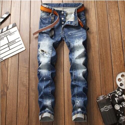 New Mens Skinny Jeans With Ripped Holes And elastic Paint Spray Blue Stitching Beggar Pants