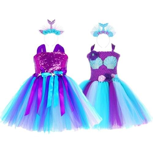 Pastel Sequins Girls Mermaid Tutu Dress Starfish Shell Under The Sea Princess Dress Costume Kids Halloween Birthday Party Dress