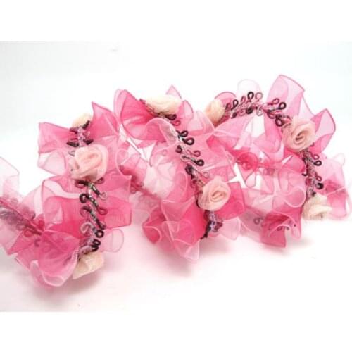 Pleated Trim|w Rococo Flower Trim|1 1/8 Inches Pleated Ombre Printed Chiffon Trim|Organza Chiffon Trim|Retro Handmade Supplies