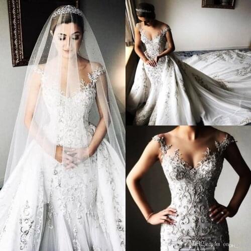 Luxurious Gorgeous Beaded Lace Arabic Wedding Dresses Sheer Neck Mermaid Bridal Dresses Tulle Vintage Sexy Wedding Gowns