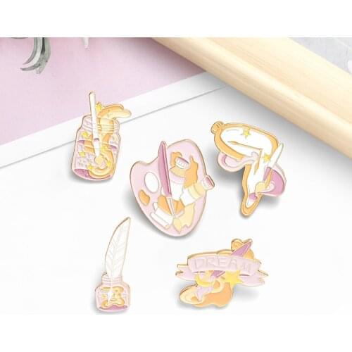 Pink Purple Brooch series palette Clock Ink bottle writing-brush washer Pigment Enamel Lapel Pin painter Jewelry gift badge
