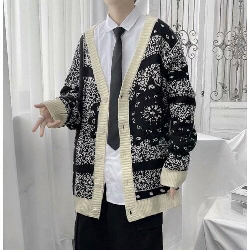 Abfer Mens Streetwear Harajuku Knitted Sweater Cardigan Oversize Korean Style Men V-neck Autumn Winter Clothes Couple Top Male