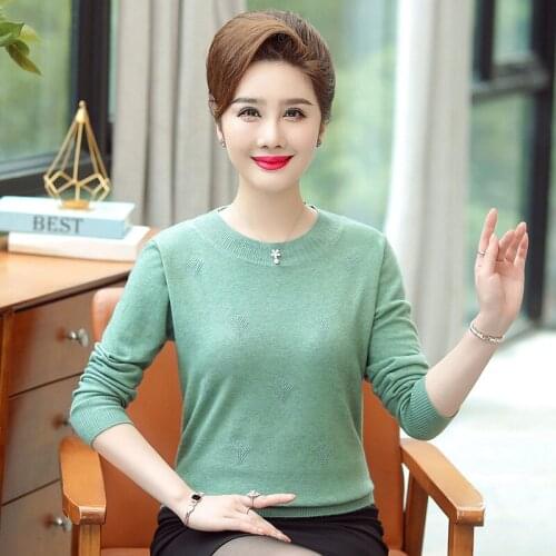 Middle-aged Womens Knitted Sweaters Spring Autumn Long Sleeve Plus Size Loose Knitwear Mother Clothing Wool Pullover Tops