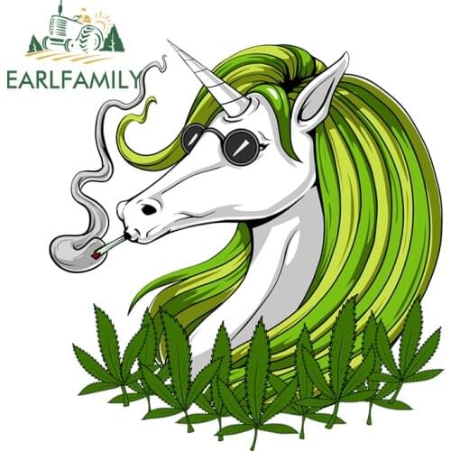 EARLFAMILY 13cm x 12.5cm for Unicorn Weed Smoking Funny Car Stickers Waterproof Surfboard Decals Air Conditioner Vinyl Car Wrap