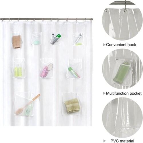 Mesh Pockets PEVA Shower Curtain Multi-Purpose Bathroom Storage Holder Waterproof Mildew-Proof Thickened Pocket Shower Curtain