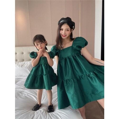 Green Bubble Parent-child Dress Family Matching Outfits Clothes Baby Girls Mom Princess Dress Fashion Summer Women Kids Costume