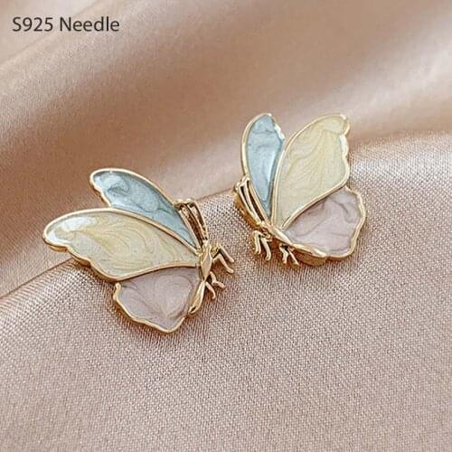 Real 925 Sterling Silver Needle Stud Earrings for Women Jewelry Colorful Butterfly Female Earrings