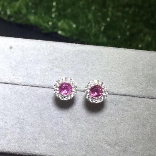 Natural red tourmaline stud earrings 925 silver natural gemstone earrings Classic simple round sunflower womens party jewelry