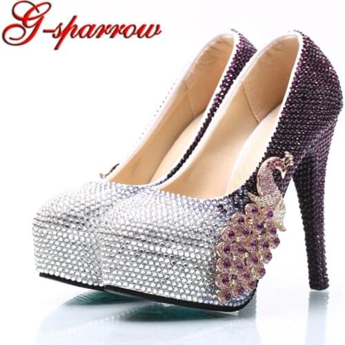 Crystal Purple and Silver Color Woman High Heel Shoes Large Size 44 45 Wedding Party Shoes Graduate Farewell Ceremony Pumps