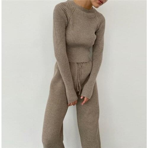 2021 Womens Knitted Sweater Spring Autumn Two Piece Sets Casual Long Sleeve Round Neck Striped Suit Top+wide Leg Pants Outfits