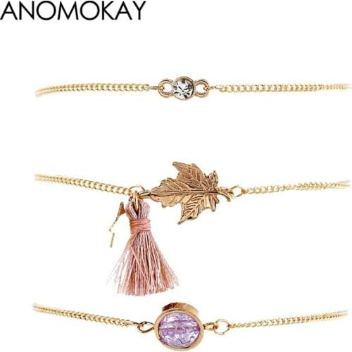 3Pcs/Lot European & American Fashion Creative Tassel Leaf Womens Wrap Bracelet Gold Color Link Chain Bead Bracelet Set Jewelry