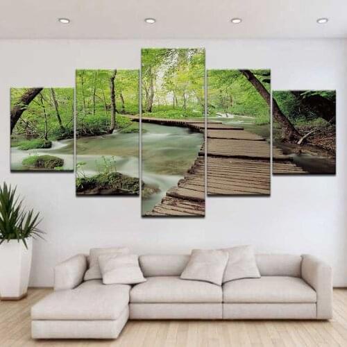 5 Panel HD Print Green forest wood bridge wall posters Print On Canvas Art Painting For home living room decoration