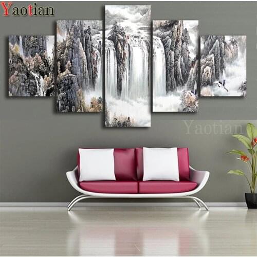 5 Pieces Chinese Ink Painting Natural Landscape 5D DIY Diamond Painting Full Round Rhinestone Embroidery Cross Stitch Waterfall