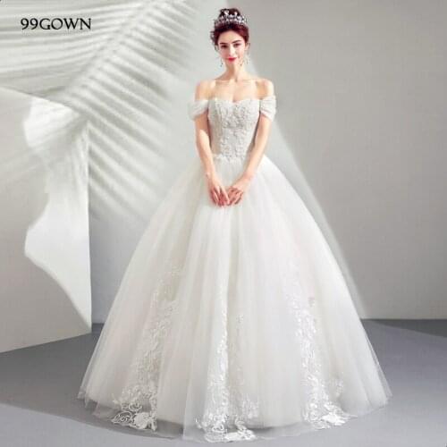 99GOWN 2021 Simple Tulle Wedding Dress Sexy Off Shoulder Lace-Up A-Line Wedding Gown Bridal Wedding Dresses