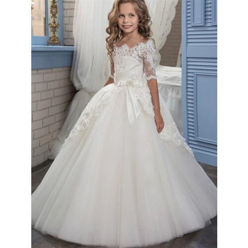 Flower Girl Dresses A Line Jewel Lace Applique Girls Pageant Dresses For Wedding Party First Communion Gown