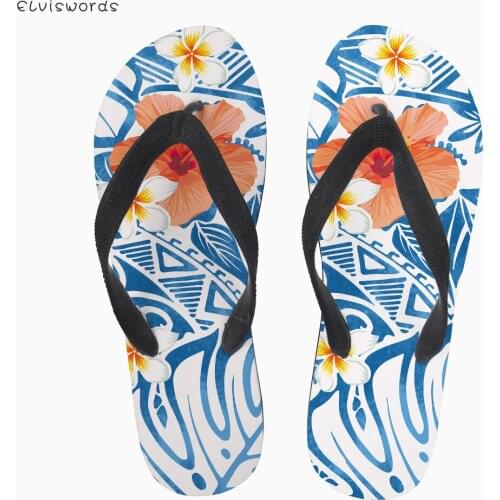 ELVISWORDS Fashion Polynesian Frangipani Flower Print Women Summer Flip Flops Light-weight Beach Slippers Female Flipflops Shoes