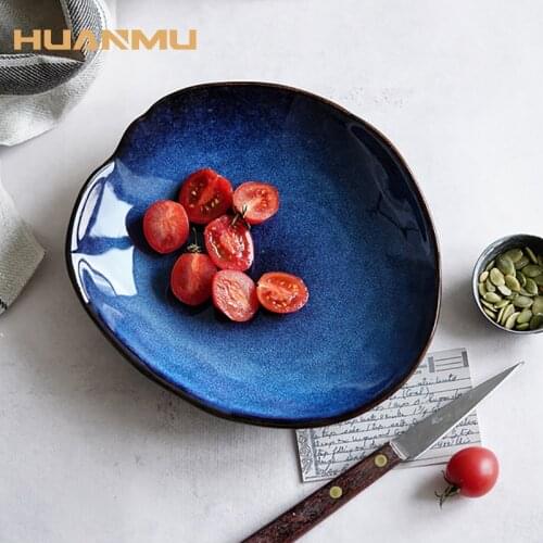 Ceramic Blue Tableware Plate Bowl Set Kiln Changed Irregular Plate Sushi Steak Dinner Plate Bowl Household Dish Hotel Restaurant