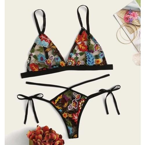 Erotic Lingerie Set Sexy Thong Black Bowknot Lace + Bra Floral Embroidery Sleeveless Sleepwear Underwear Women Bielizna Damska