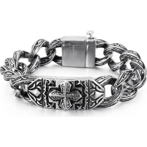 Retro Mens Cross Biker Charm Bracelet Gothic Stainless Steel Cuban Link Chain Boyfriend Hand Jewelry Bracelets Accessories