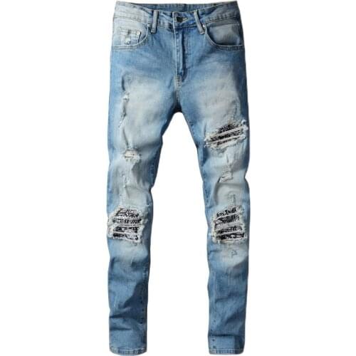 New mens male trousers High street fashion brand blue patch ripped jeans mens trend personality stretch slim denim pants 665