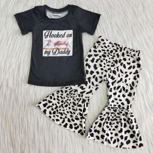 Wholesale Children Baby Girls Spring Summer Clothes Sets Kids Black Short Sleeve Top Shirt Leopard Bell-bottomed Pants Outfit