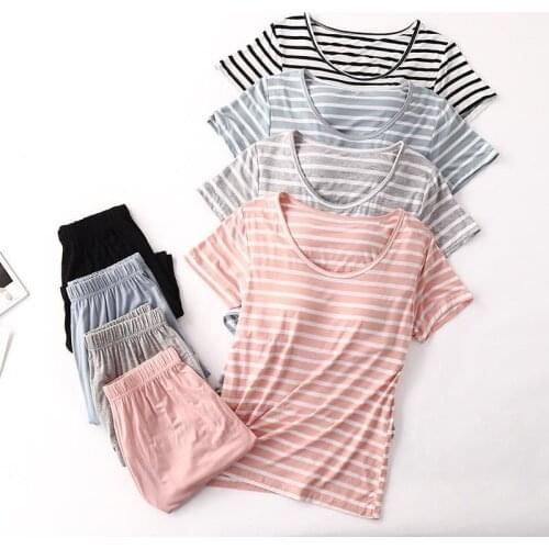 Casual Loose Pajamas for Women Short Sleeve Shorts Summer Pijamas Womens Sleepwear Bra Pad Stripe Ladies Set Pyjama Femme X228