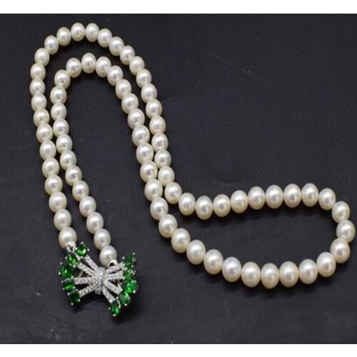 Freshwater pearl white round + green zircon clasp 6-7mm AA necklace 22inch wholesale beads nature FPPJ woman