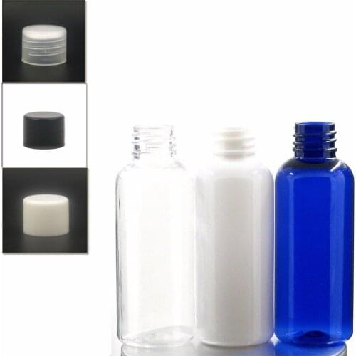 50ml empty Plastic Bottles, blue/white/clear PET bottle with white/black/transparent smooth Lid plastic bottle X 5