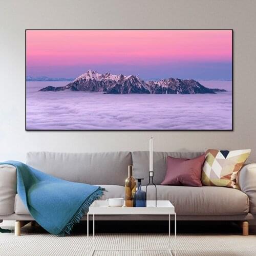Pink Sunrise Landscape Posters Prints Wall Art Canvas Painting Mountain and Lake Sence Picture for Living Room Home Decoration