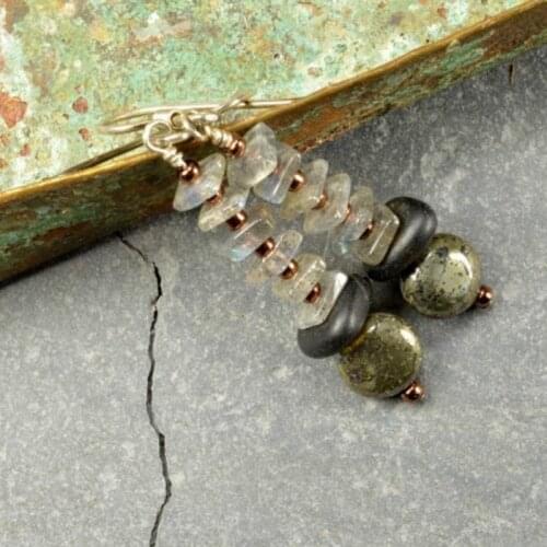 Labradorite fish bone earrings made with genuine Maine sea stones and pyrite eco friendly ocean style