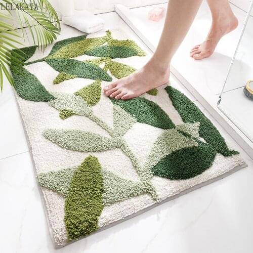 Modern Green Leaves Flocking Bath Mat Absorbent Non-slip Carpet Kitchen Door Super Soft Mats Bathroom Balcony Toilet Floor Rug