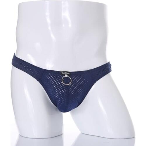 Sexy Men Underwear Briefs cueca Male Pouch Hollow Panties T Back Thongs Gay Men Underwear Mesh Breathable Metal Hoop Ring Decorl