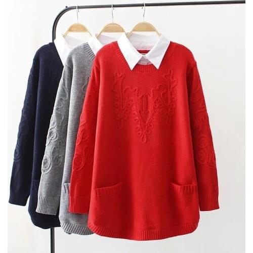 Large size knit sweater women 2019 Autumn Winter Fake two pieces pullover Sweaters female Shirt collar Bottoming shirt Sweaters