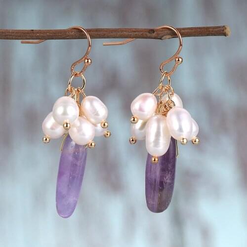 Women Freshwater Pearls Dangled Earrings Natural Stone Amethysts Lapis Lazuli Howlite Tassel Hanging Copper Earring Hook Jewelry