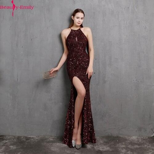 Beauty Emily Charming Halter Neck Sleeveless Women Evening Dress Long Fashion Zipper Back Party Dress with High Side Split 2021