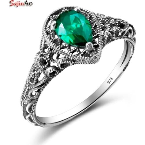 Szjinao Vintage Rings For Women Green Emerald Party Dress Boho Style Big Sale 925 Sterling Silver Jewelry Water Drop Rings