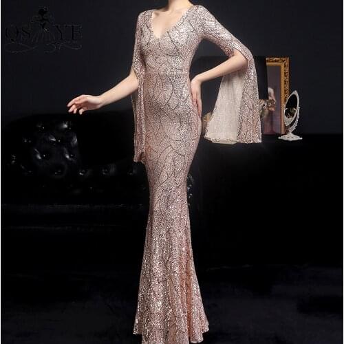 Gold Evening Dresses Mermaid Long Prom Gown Sparkle Sequin Party Dress Long Sleeves Celebrity Gown New Glitter V Neck Lady Gown
