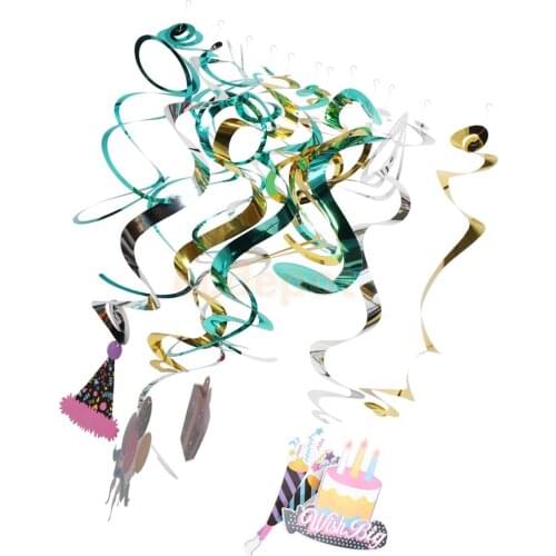 12 Pieces Mixed Hat Cake Foil Hanging Cutout Swirls Happy Birthday Decoration
