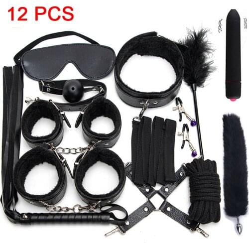 BDSM Kits Handcuffs Sex Games Whip Gag Nipple Clamps Exotic Accessories Plush Sex Bondage Set Sexy Leather Sex Toys For Couples