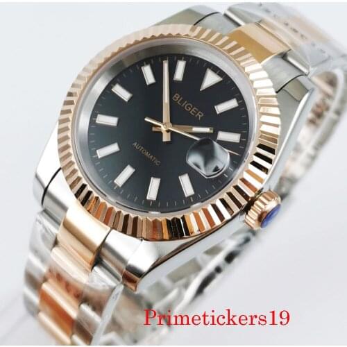 Bliger 39.5mm black dial auto date sapphire crystal automatic men watch rose gold plated case miyota 8215 movement