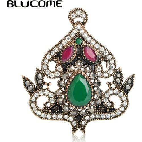 Blucome Turkish Style Green Brooches Hair Crown Clothes Hats Scarf Accessories Vintage Women Corsage Anti Gold Bijoux For Party