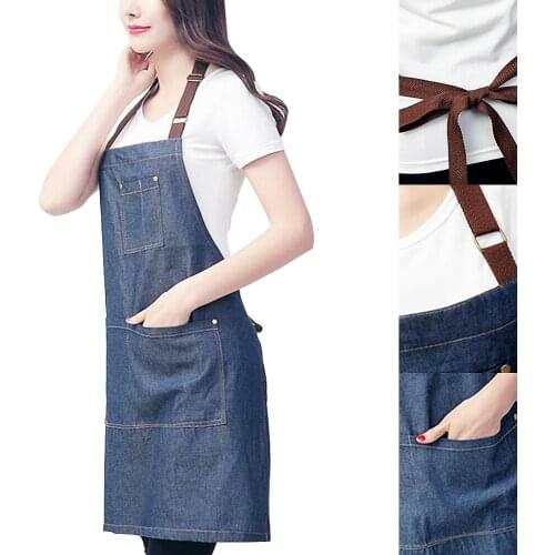 New Fashion Denim Apron for Chef Kitchen BBQ with Pockets Grill Baking Cooking Aprons For Men Coffee Shop and Studio Overalls