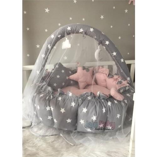 Jaju Baby Gray Star Powder Design Luxury Play Mat Babynest Mosquito Net Tulle Toy Apparatus Set, Play Mat, Babynest