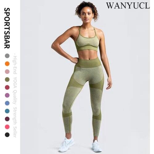 2PCS Seamless Gym Sets Fitness Sports Suits Womens Clothing High Waist Booty Leggings Sports Bra Running Athletic Wear Yoga Set