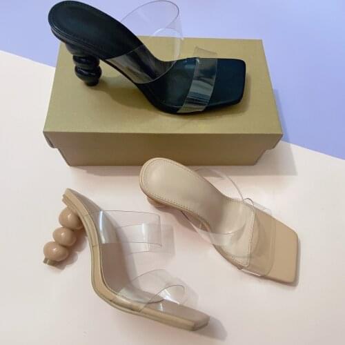 MHYONS pvc slides high heels square toe party sandalias mujer sapato feminino women summer beach sandals pumps shoes woman