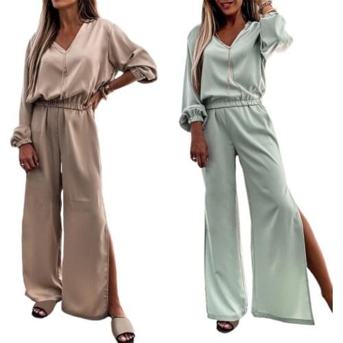 New Stylish Women Solid Color Long Sleeve Shirt High Waist Wide Split Fork Leg Pants Outfit Sportswear Leisure Two Piece Set