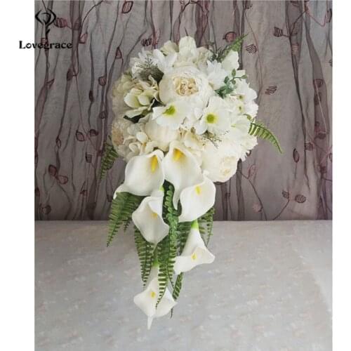 Wedding Silk Rose Calla Lily Waterfall Bouquet Wedding Flowers White Fleur Rose Lace Teardrop Bridal Wedding Bouquet for Bride