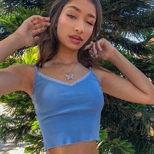 2020 Style Spaghetti Strap V Neck with Lace Cropped Tops Summer Fashion Ribbed Solid Backless Blue Cami Streetwear